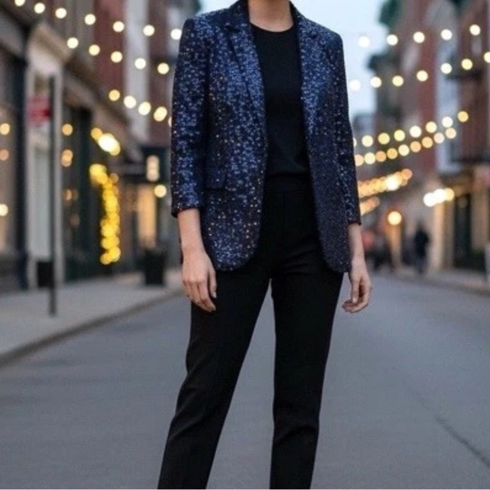 Talbots Silk Blend Navy Blue Hand Knit Sequin Cardigan Event Elegant Glam Medium